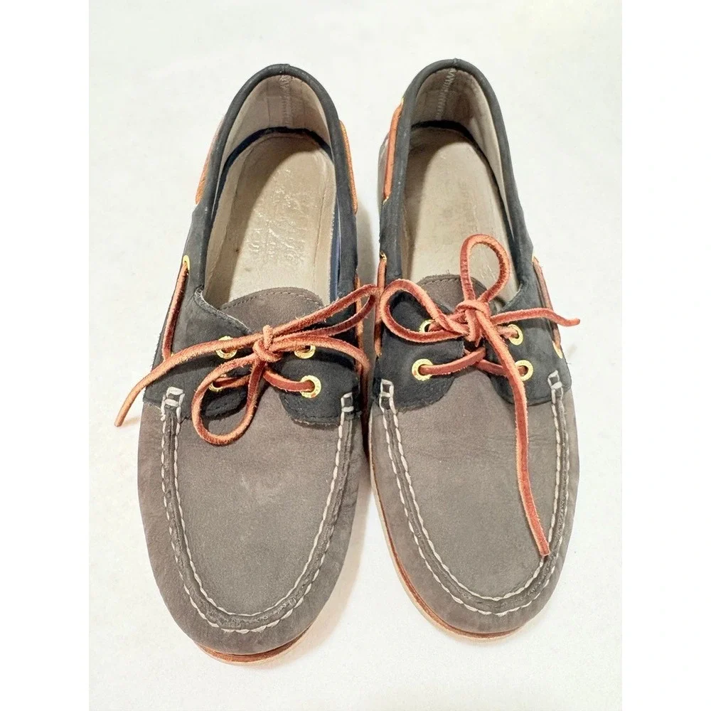 VTG Sperry Gold Cup Mens 9.5 M Grey Navy Leather Boat Shoes 10847079 Deck Shoes